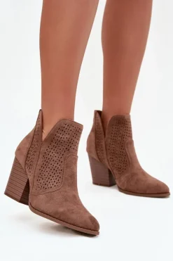 Hot Damskie buty S.Barski Ażurowe Botki Damskie Na Słupku S.Barski HY51-060 Brązowe