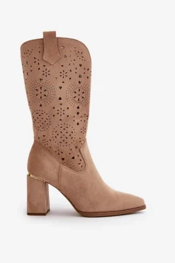 Outlet Ażurowe Botki Damskie Na Słupku Z Noskami W Szpic Eko Zamszowe Ciemnobeżowe Nevithra Damskie Botki Na Słupku|Botki Ażurowe