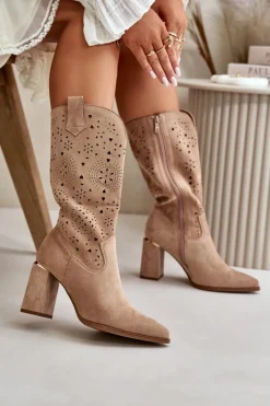 Outlet Ażurowe Botki Damskie Na Słupku Z Noskami W Szpic Eko Zamszowe Ciemnobeżowe Nevithra Damskie Botki Na Słupku|Botki Ażurowe