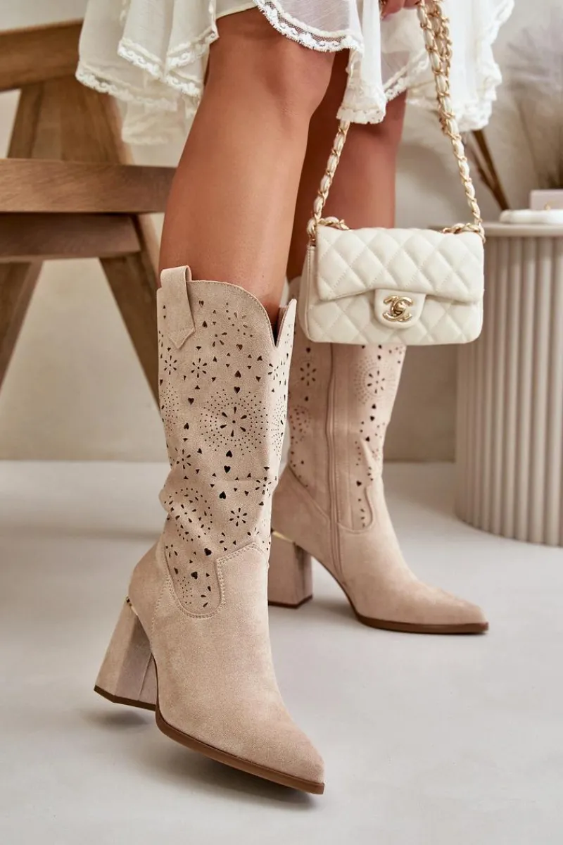 New Ażurowe Botki Damskie Na Słupku Z Noskami W Szpic Eko Zamszowe Beżowe Nevithra Damskie Botki Na Słupku|Botki Ażurowe