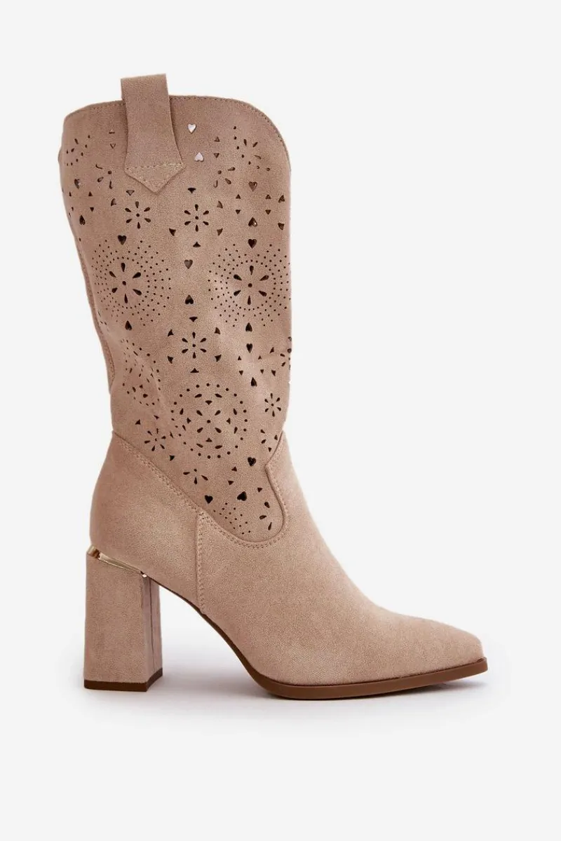 New Ażurowe Botki Damskie Na Słupku Z Noskami W Szpic Eko Zamszowe Beżowe Nevithra Damskie Botki Na Słupku|Botki Ażurowe