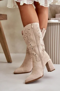 New Ażurowe Botki Damskie Na Słupku Z Noskami W Szpic Eko Zamszowe Beżowe Nevithra Damskie Botki Na Słupku|Botki Ażurowe