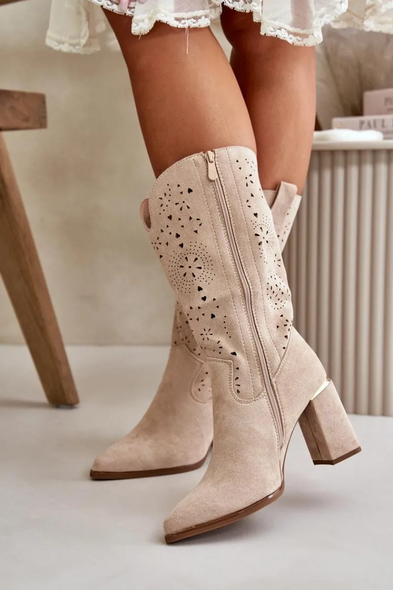 New Ażurowe Botki Damskie Na Słupku Z Noskami W Szpic Eko Zamszowe Beżowe Nevithra Damskie Botki Na Słupku|Botki Ażurowe