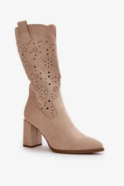 New Ażurowe Botki Damskie Na Słupku Z Noskami W Szpic Eko Zamszowe Beżowe Nevithra Damskie Botki Na Słupku|Botki Ażurowe