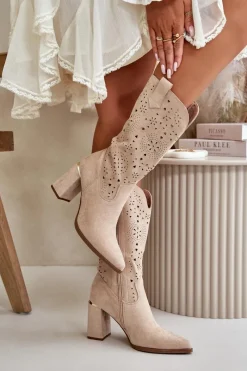New Ażurowe Botki Damskie Na Słupku Z Noskami W Szpic Eko Zamszowe Beżowe Nevithra Damskie Botki Na Słupku|Botki Ażurowe