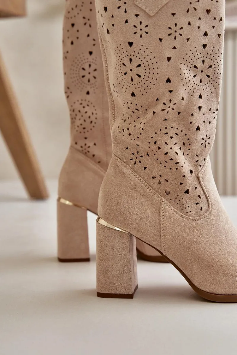 New Ażurowe Botki Damskie Na Słupku Z Noskami W Szpic Eko Zamszowe Beżowe Nevithra Damskie Botki Na Słupku|Botki Ażurowe