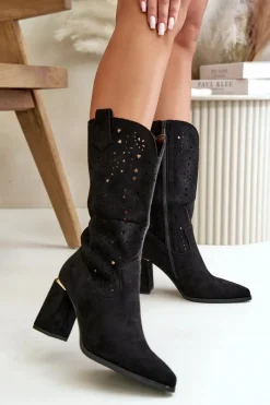 Clearance Ażurowe Botki Damskie Na Słupku Z Noskami W Szpic Eko Zamszowe Czarne Nevithra Damskie Botki Na Słupku|Botki Ażurowe