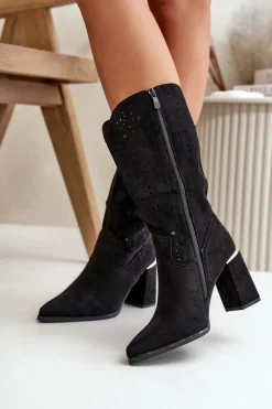 Clearance Ażurowe Botki Damskie Na Słupku Z Noskami W Szpic Eko Zamszowe Czarne Nevithra Damskie Botki Na Słupku|Botki Ażurowe