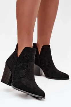 Best Ażurowe Botki Damskie Na Słupku S.Barski HY51-060 Czarne Damskie Botki Na Słupku|Botki Ażurowe