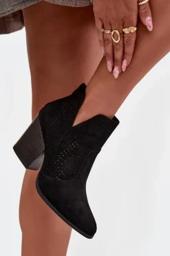 Best Ażurowe Botki Damskie Na Słupku S.Barski HY51-060 Czarne Damskie Botki Na Słupku|Botki Ażurowe