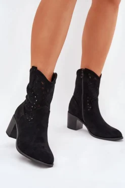 Botki Na Słupku|Botki Ażurowe>Damskie buty S.Barski Ażurowe Botki Kowbojki Damskie Na Obcasie S.Barski HY51-125 Czarne Czarny