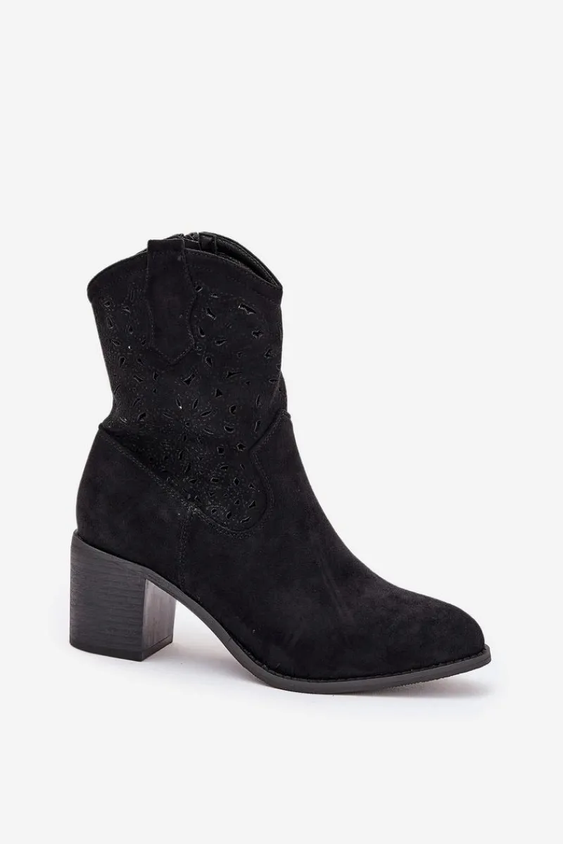 Botki Na Słupku|Botki Ażurowe>Damskie buty S.Barski Ażurowe Botki Kowbojki Damskie Na Obcasie S.Barski HY51-125 Czarne Czarny