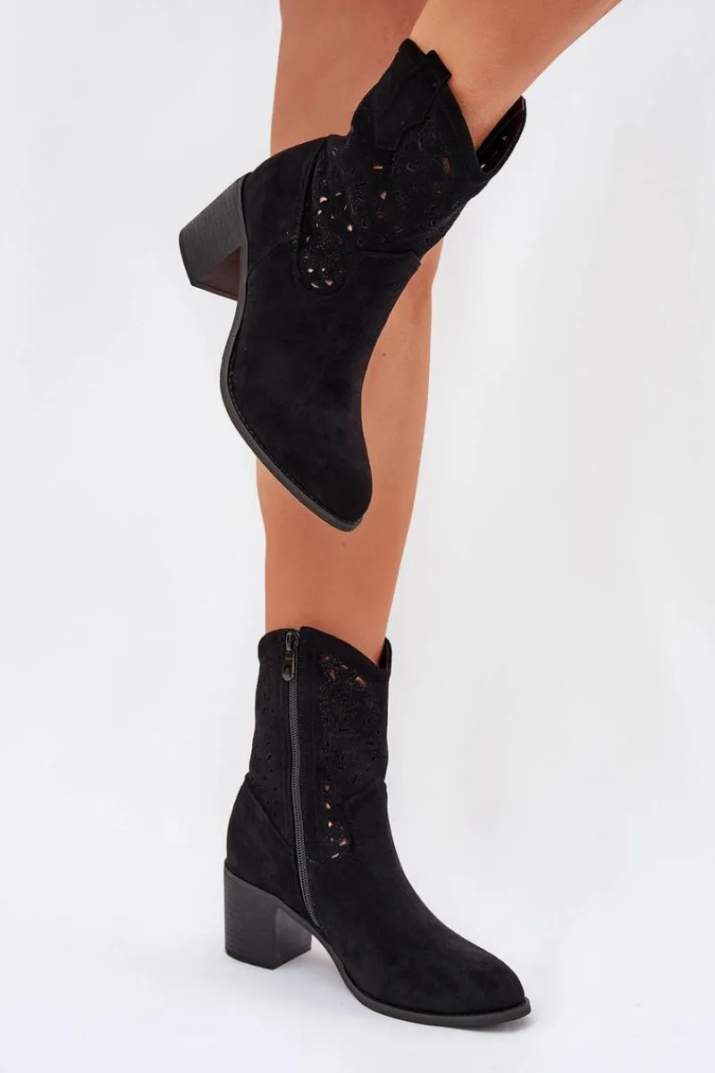 Botki Na Słupku|Botki Ażurowe>Damskie buty S.Barski Ażurowe Botki Kowbojki Damskie Na Obcasie S.Barski HY51-125 Czarne Czarny