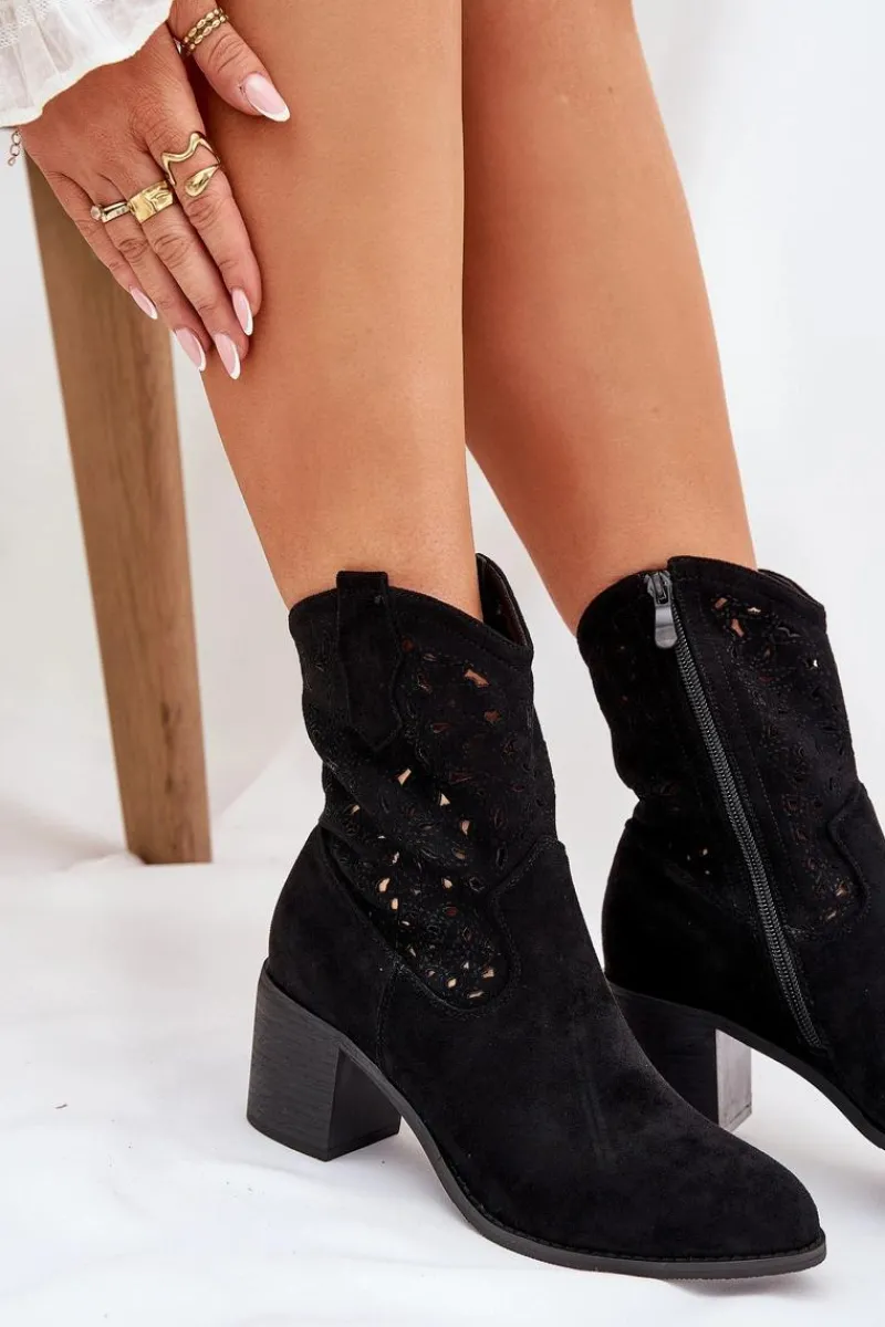 Botki Na Słupku|Botki Ażurowe>Damskie buty S.Barski Ażurowe Botki Kowbojki Damskie Na Obcasie S.Barski HY51-125 Czarne Czarny