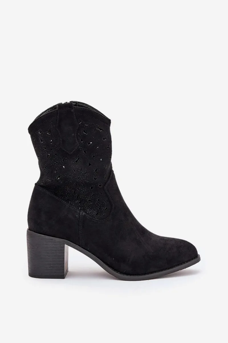 Botki Na Słupku|Botki Ażurowe>Damskie buty S.Barski Ażurowe Botki Kowbojki Damskie Na Obcasie S.Barski HY51-125 Czarne Czarny