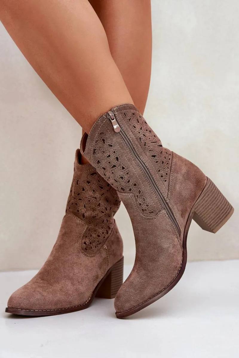 Best Damskie buty S.Barski Ażurowe Botki Kowbojki Damskie Na Obcasie S.Barski HY51-125 Brązowe Brązowy