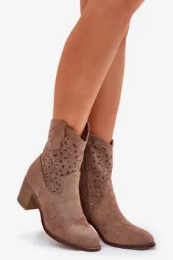 Best Damskie buty S.Barski Ażurowe Botki Kowbojki Damskie Na Obcasie S.Barski HY51-125 Brązowe Brązowy