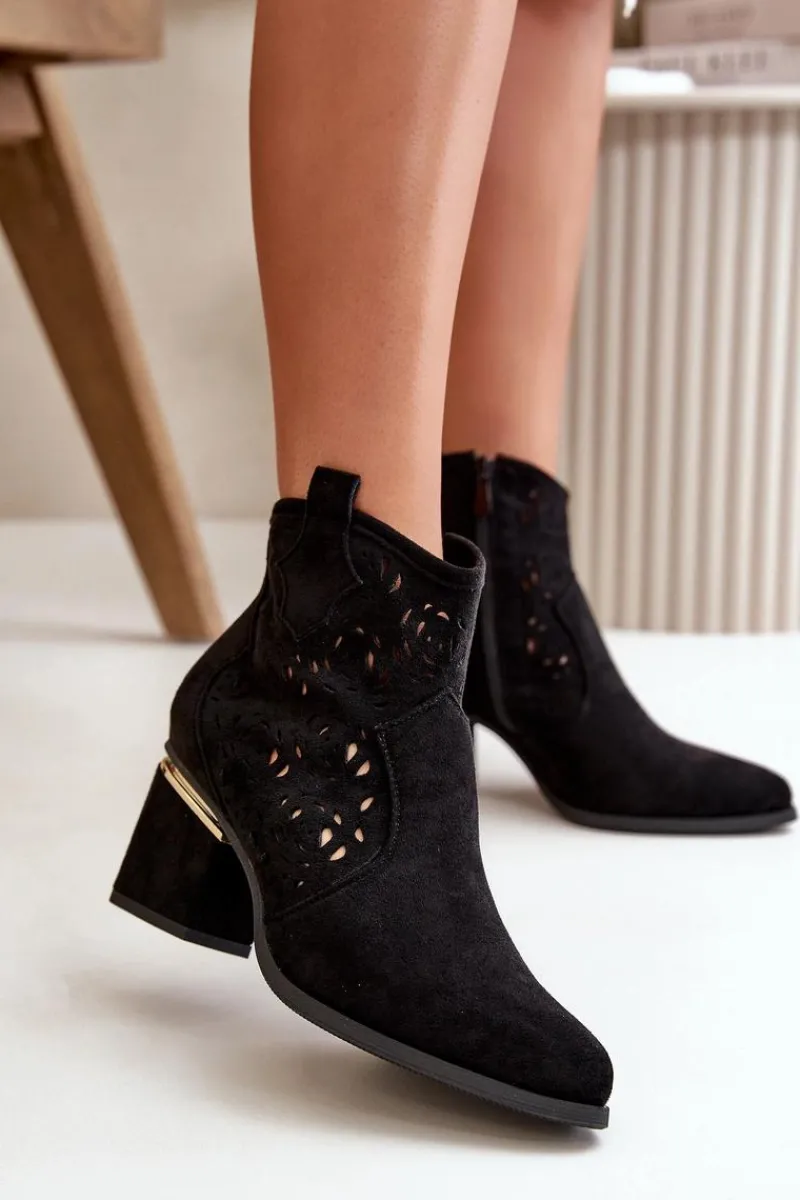 Botki Na Słupku|Botki Ażurowe>Boto Ażurowe Botki Kowbojki Na Słupku Zapinane Na Zamek Czarne Vosilara