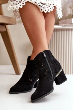 Botki Na Słupku|Botki Ażurowe>Boto Ażurowe Botki Kowbojki Na Słupku Zapinane Na Zamek Czarne Vosilara