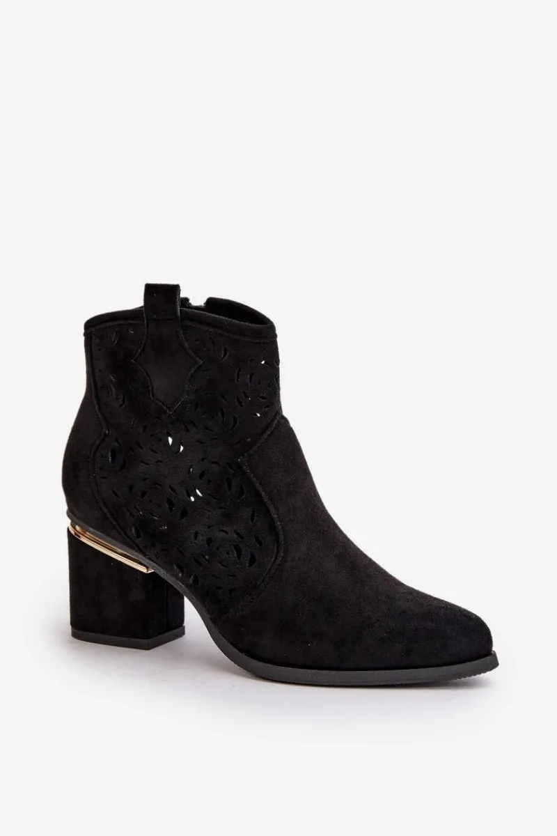 Botki Na Słupku|Botki Ażurowe>Boto Ażurowe Botki Kowbojki Na Słupku Zapinane Na Zamek Czarne Vosilara