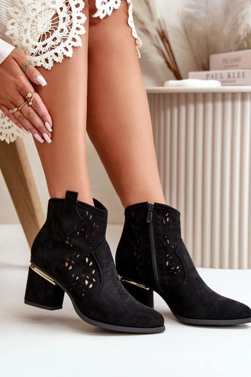Botki Na Słupku|Botki Ażurowe>Boto Ażurowe Botki Kowbojki Na Słupku Zapinane Na Zamek Czarne Vosilara
