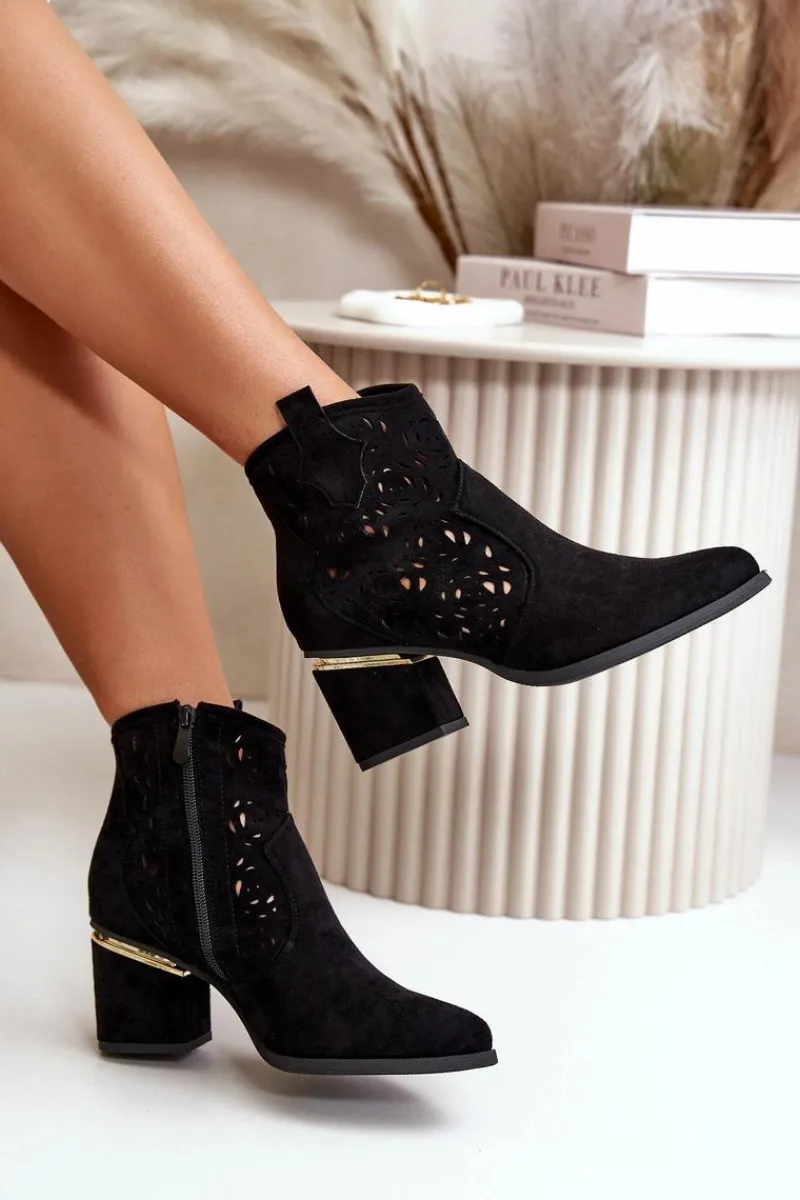 Botki Na Słupku|Botki Ażurowe>Boto Ażurowe Botki Kowbojki Na Słupku Zapinane Na Zamek Czarne Vosilara
