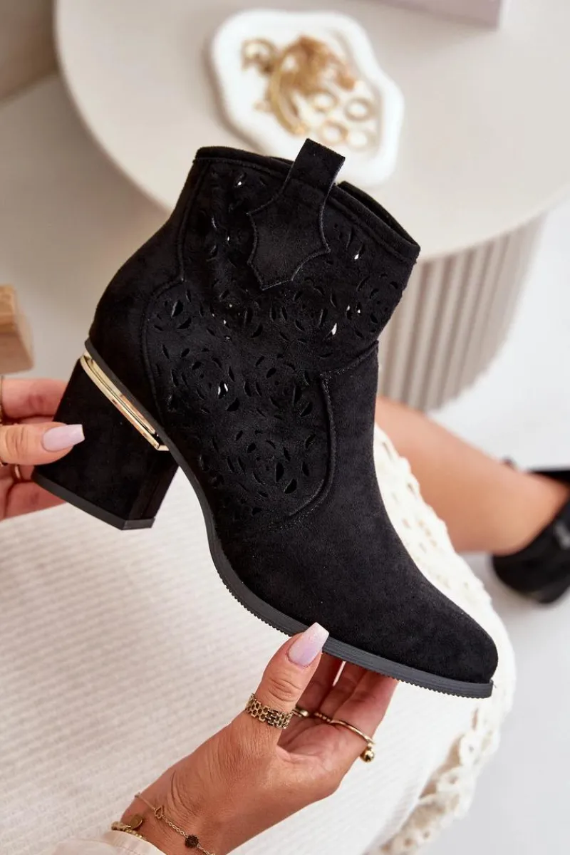 Botki Na Słupku|Botki Ażurowe>Boto Ażurowe Botki Kowbojki Na Słupku Zapinane Na Zamek Czarne Vosilara