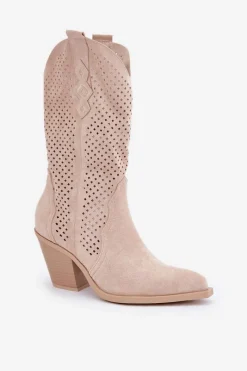 Sale Ażurowe Botki Kowbojki Na Słupku Jasnobeżowe Salive Damskie Botki Na Słupku|Botki Ażurowe