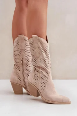 Sale Ażurowe Botki Kowbojki Na Słupku Jasnobeżowe Salive Damskie Botki Na Słupku|Botki Ażurowe