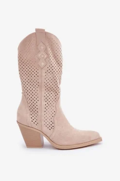 Sale Ażurowe Botki Kowbojki Na Słupku Jasnobeżowe Salive Damskie Botki Na Słupku|Botki Ażurowe