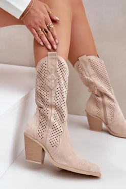 Sale Ażurowe Botki Kowbojki Na Słupku Jasnobeżowe Salive Damskie Botki Na Słupku|Botki Ażurowe