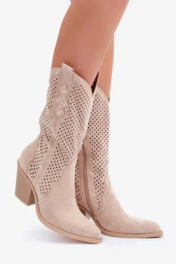 Sale Ażurowe Botki Kowbojki Na Słupku Jasnobeżowe Salive Damskie Botki Na Słupku|Botki Ażurowe
