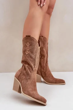 Botki Na Słupku|Botki Ażurowe>Boto Ażurowe Botki Kowbojki Na Słupku Brązowe Salive