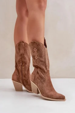 Botki Na Słupku|Botki Ażurowe>Boto Ażurowe Botki Kowbojki Na Słupku Brązowe Salive