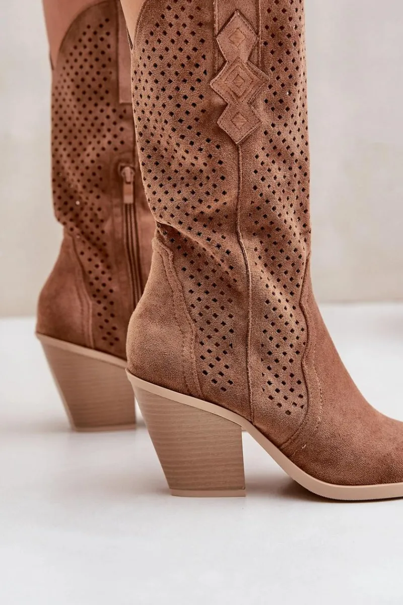 Botki Na Słupku|Botki Ażurowe>Boto Ażurowe Botki Kowbojki Na Słupku Brązowe Salive