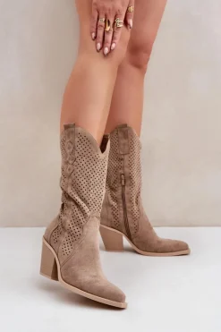 Sale Boto Ażurowe Botki Kowbojki Na Słupku Ciemnobeżowe Salive