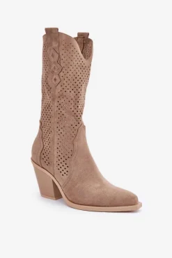 Sale Boto Ażurowe Botki Kowbojki Na Słupku Ciemnobeżowe Salive