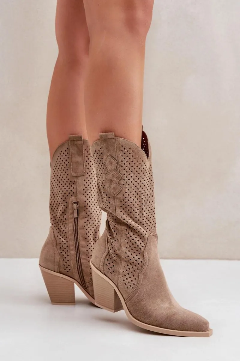 Sale Boto Ażurowe Botki Kowbojki Na Słupku Ciemnobeżowe Salive