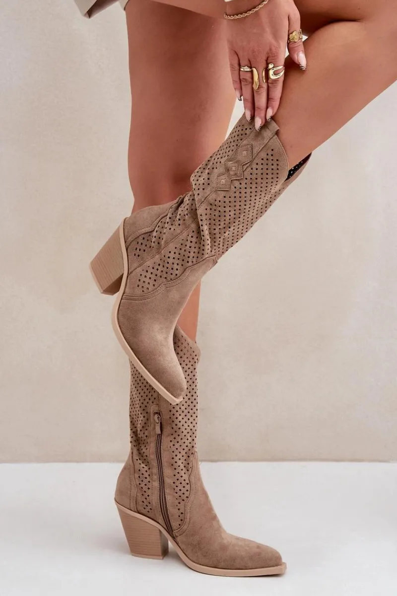 Sale Boto Ażurowe Botki Kowbojki Na Słupku Ciemnobeżowe Salive