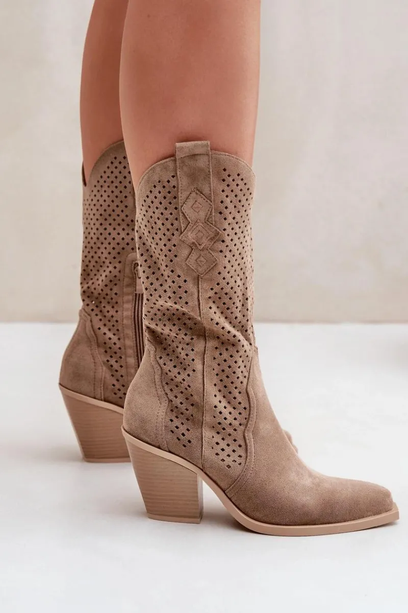 Sale Boto Ażurowe Botki Kowbojki Na Słupku Ciemnobeżowe Salive