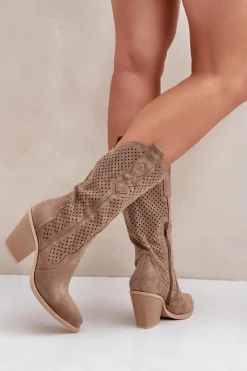 Sale Boto Ażurowe Botki Kowbojki Na Słupku Ciemnobeżowe Salive