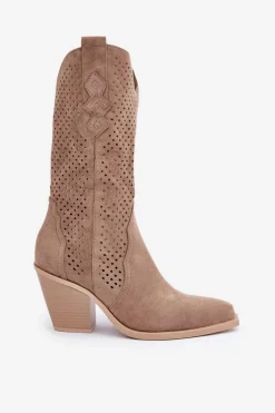 Sale Boto Ażurowe Botki Kowbojki Na Słupku Ciemnobeżowe Salive