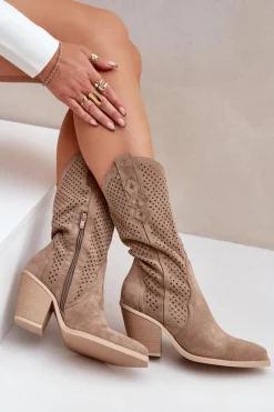 Sale Boto Ażurowe Botki Kowbojki Na Słupku Ciemnobeżowe Salive