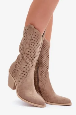 Sale Boto Ażurowe Botki Kowbojki Na Słupku Ciemnobeżowe Salive