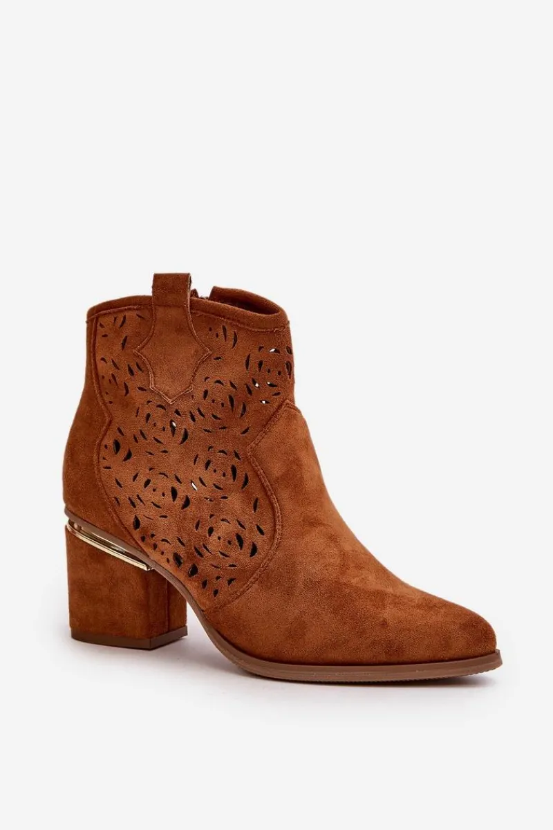 Botki Na Słupku|Botki Ażurowe>Boto Ażurowe Botki Kowbojki Na Słupku Zapinane Na Zamek Camel Vosilara
