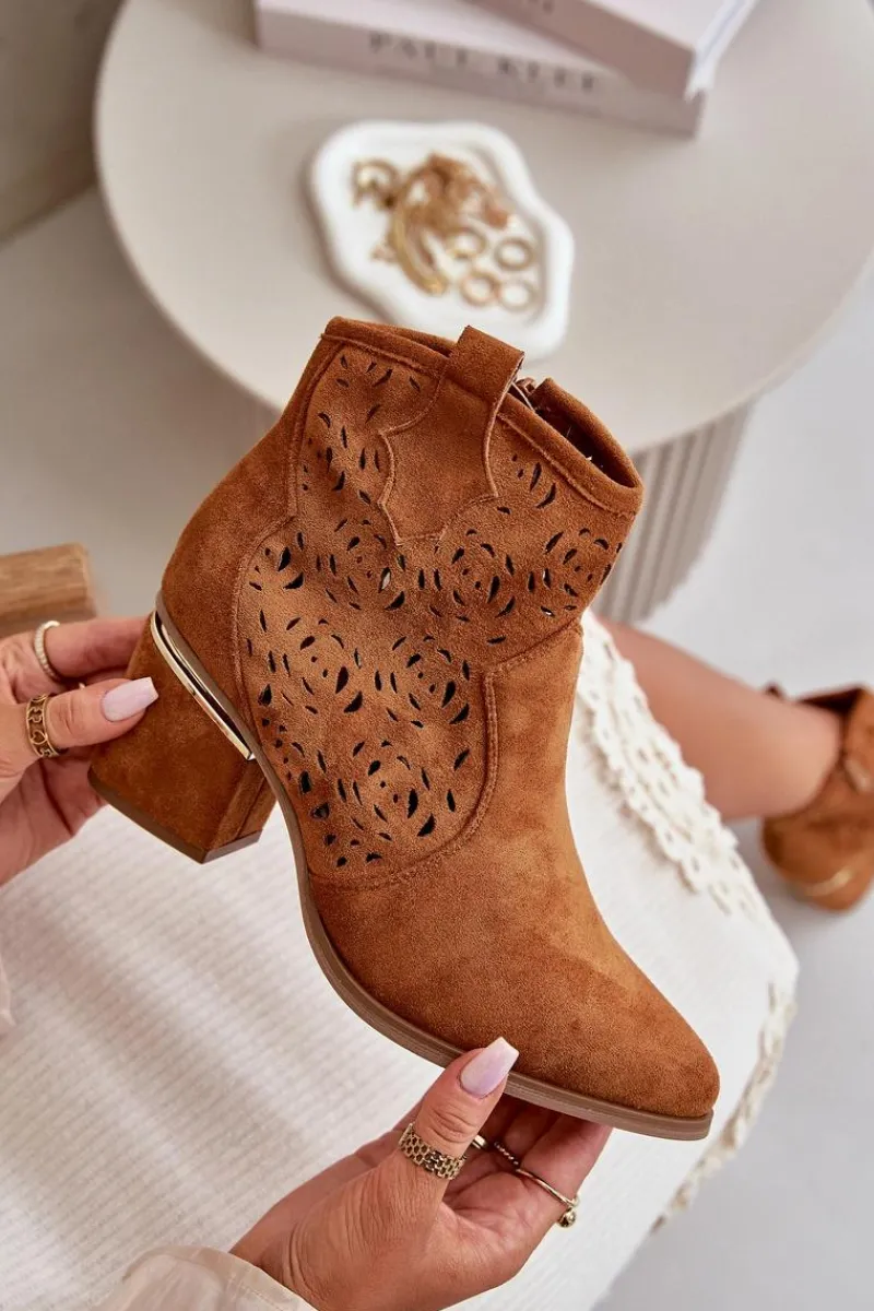 Botki Na Słupku|Botki Ażurowe>Boto Ażurowe Botki Kowbojki Na Słupku Zapinane Na Zamek Camel Vosilara