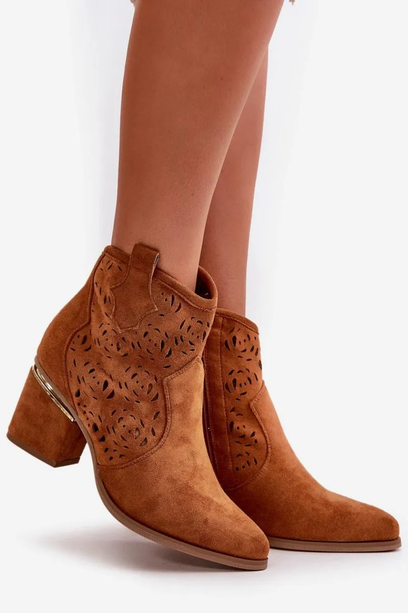 Botki Na Słupku|Botki Ażurowe>Boto Ażurowe Botki Kowbojki Na Słupku Zapinane Na Zamek Camel Vosilara
