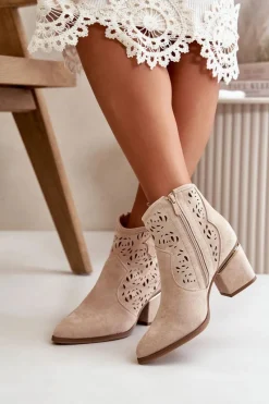 Clearance Boto Ażurowe Botki Kowbojki Na Słupku Zapinane Na Zamek Beżowe Vosilara