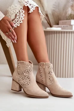 Clearance Boto Ażurowe Botki Kowbojki Na Słupku Zapinane Na Zamek Beżowe Vosilara