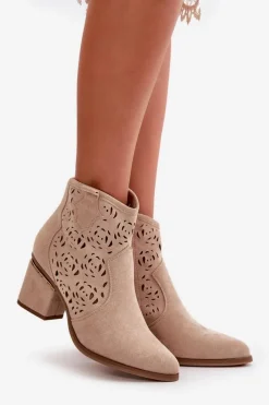 Clearance Boto Ażurowe Botki Kowbojki Na Słupku Zapinane Na Zamek Beżowe Vosilara